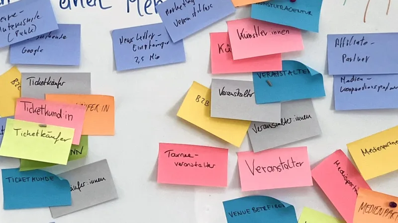 Fotoausschnitt eines Whiteboards mit Postits zu Zielgruppendefinitionen