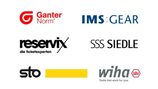 Übersicht mit Logos von Unternehmen wie Ganter Norm, SIedle, Wiha, Sto und weiteren
