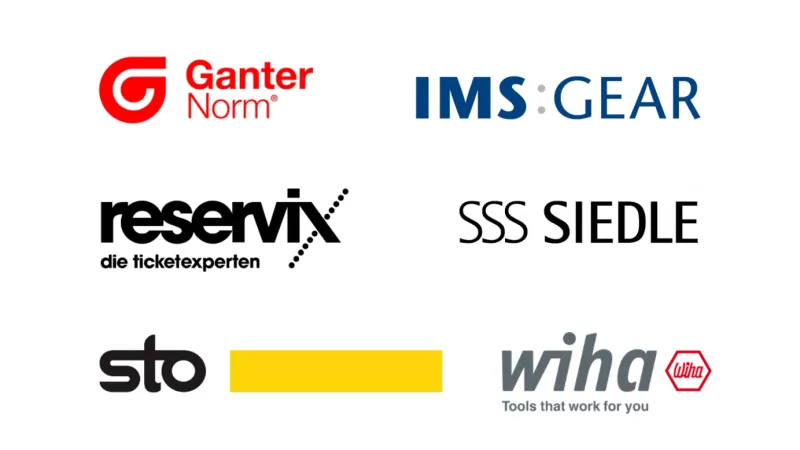 Übersicht mit Logos von Unternehmen wie Ganter Norm, SIedle, Wiha, Sto und weiteren