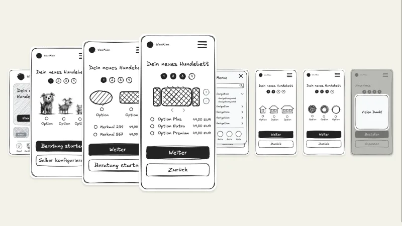 Digital erstellte Wireframes mit Ideenskizzen zu einem App Konzept